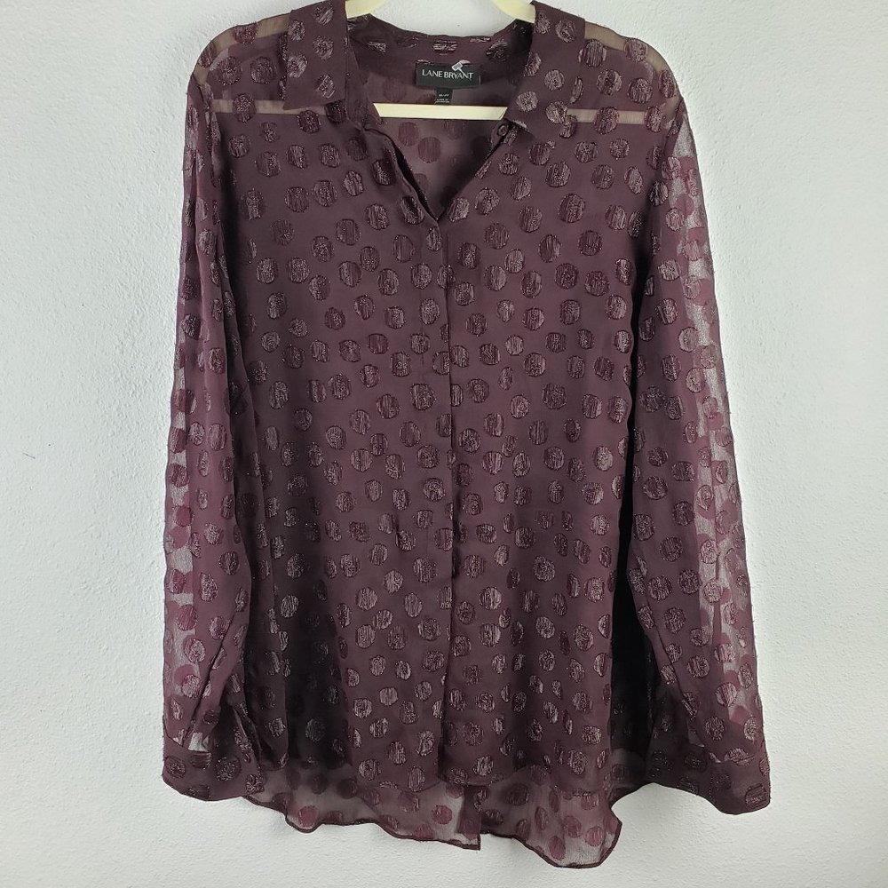 Lane Bryant Women's Size 18/20 Swiss Dot Semi Sheer Blouse Deep Burgundy Shimmer